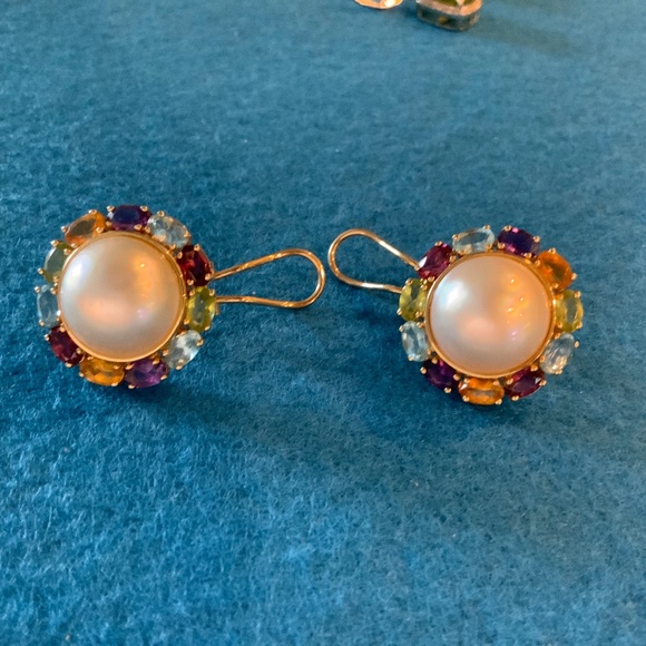 14KT Freshwater Cultured Pearl Halo Semi-Gems Studded Earrings 10 Grams - Picture 1 of 6